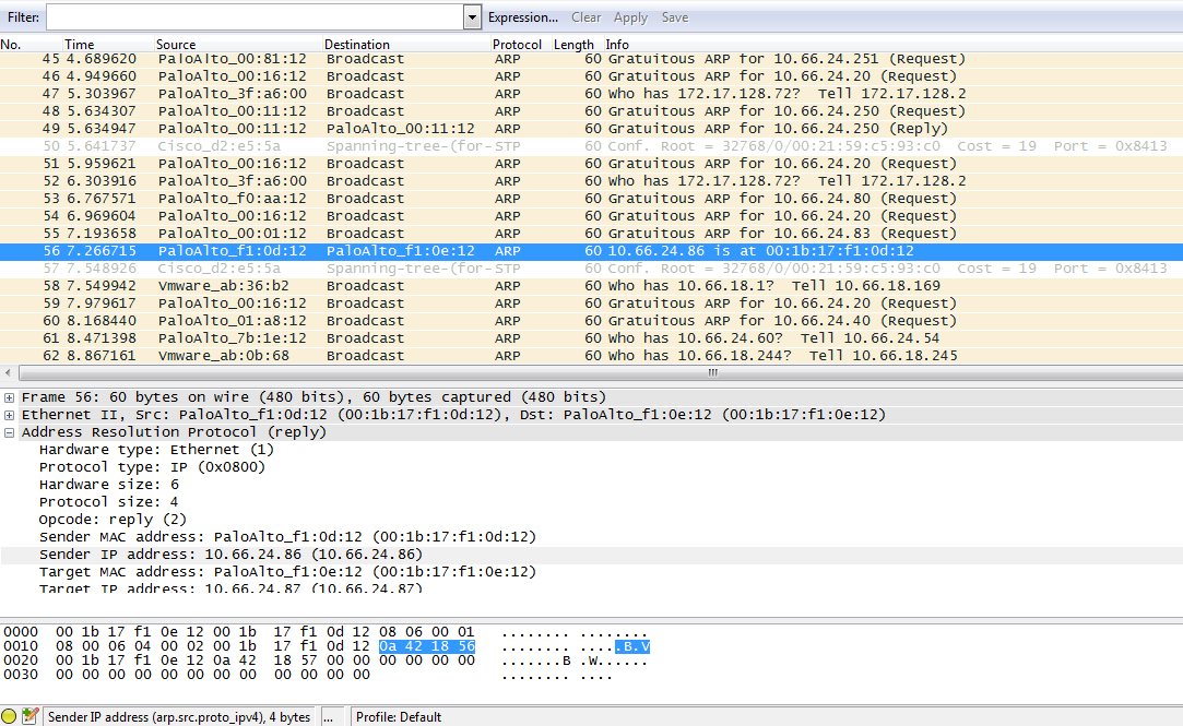wireshark packet capture of an arp packet
