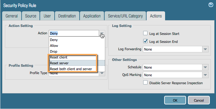 Security Policy Reset Actions