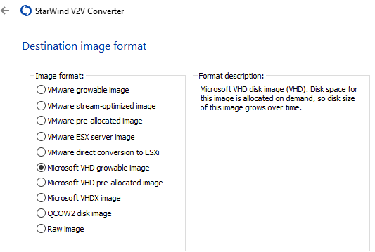 Convert to Microsoft VHD growable image