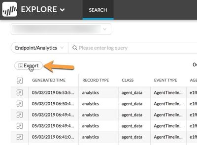 Explore web interface, pointing out the export options for Endpoint/Analytics