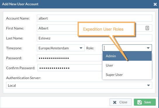 View of adding a new user to Expedition