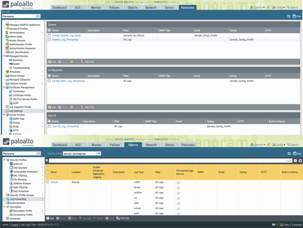 Web interface view of Panorama Log forwarding profiles.