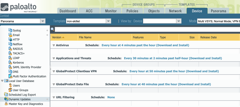 Web interface view of dynamic update schedule for Panorama and managed firewalls.