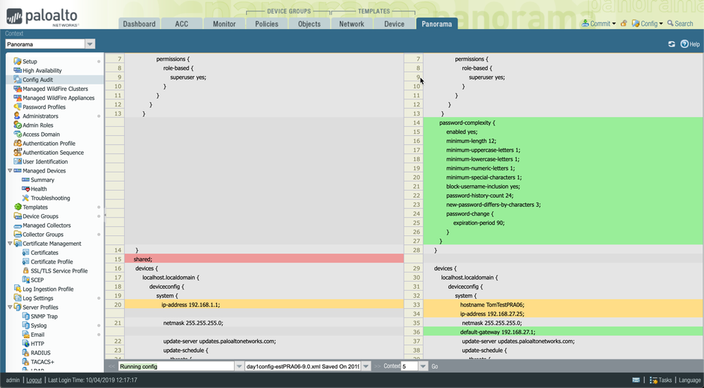 View of web interface for Panorama Config Audit.