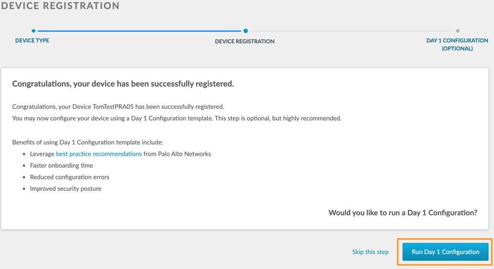 View of Device Registration web interface before running Day 1 Configuration.