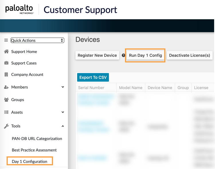 View of Customer Support Portal in Tools menu highlighting Run Day 1 Config.