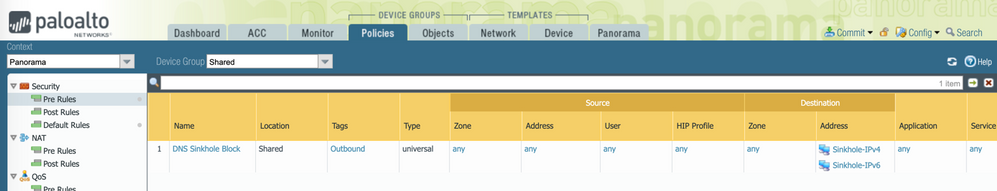 View of Panorama pre-created security policy.