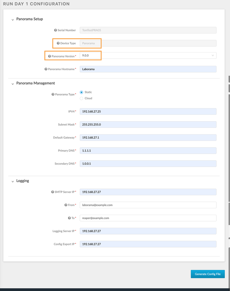 View of Day 1 Configuration in Device Registration Panorama Setup.