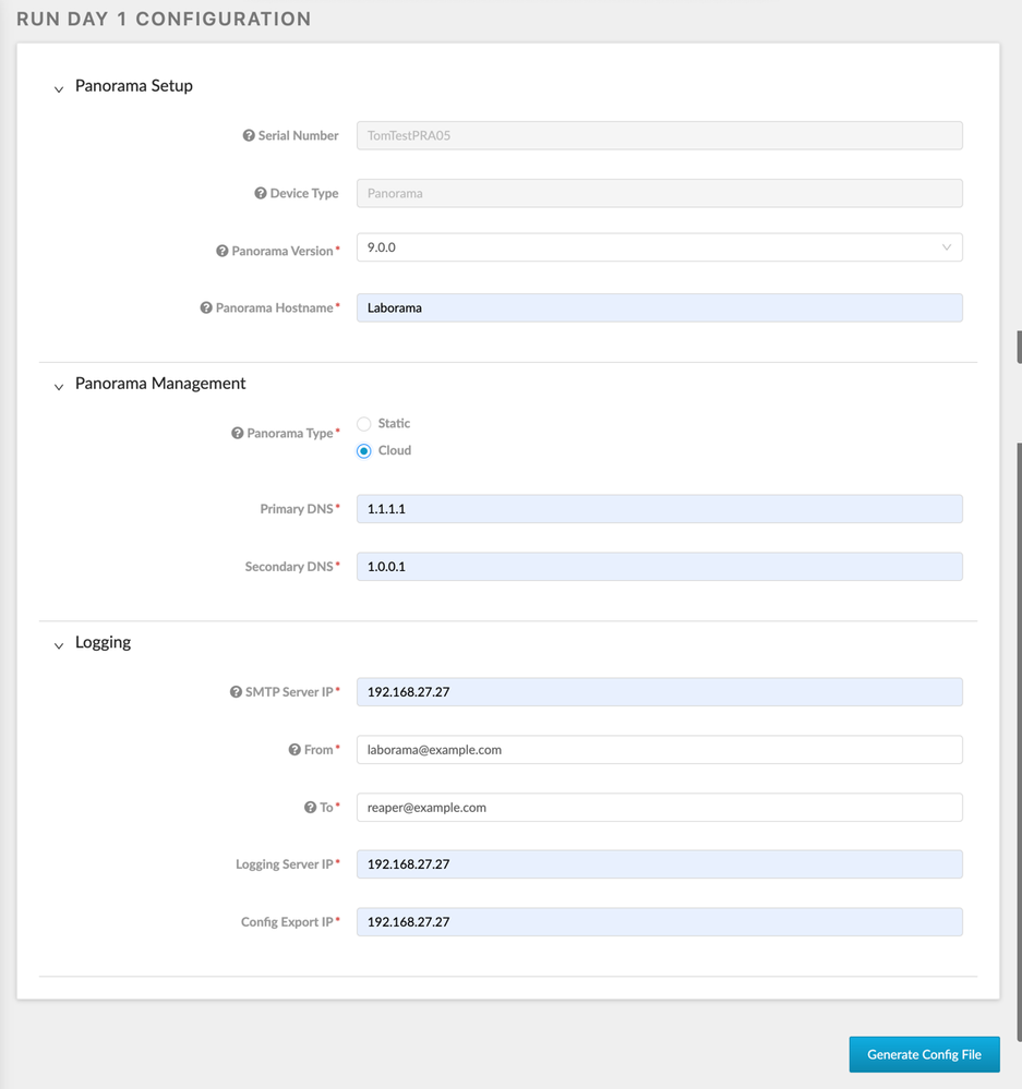 View of Device Registration web interface inputting Panorama management and logging settings.