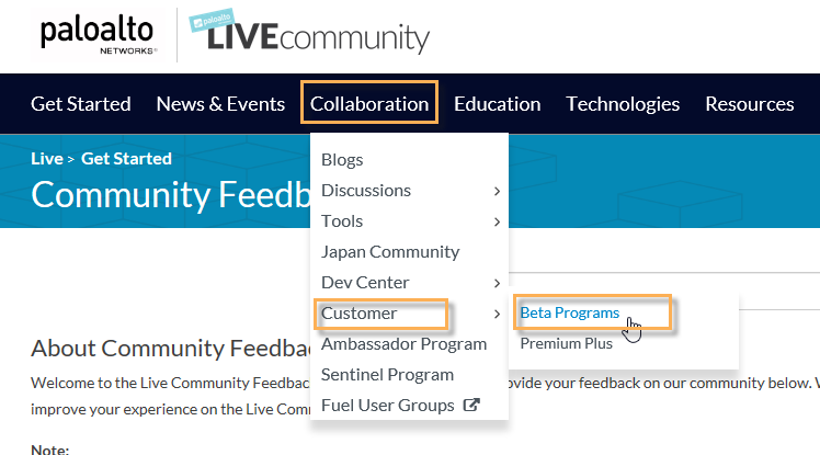 View of where to find Beta Programs in the navigation menu of LIVEcommunity.