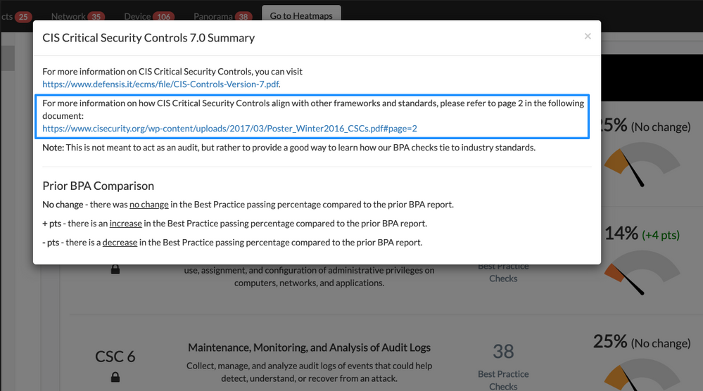 CIS Critical Security Controls 7.0 Summary with a highlighted section for a link to frameworks and standards information.