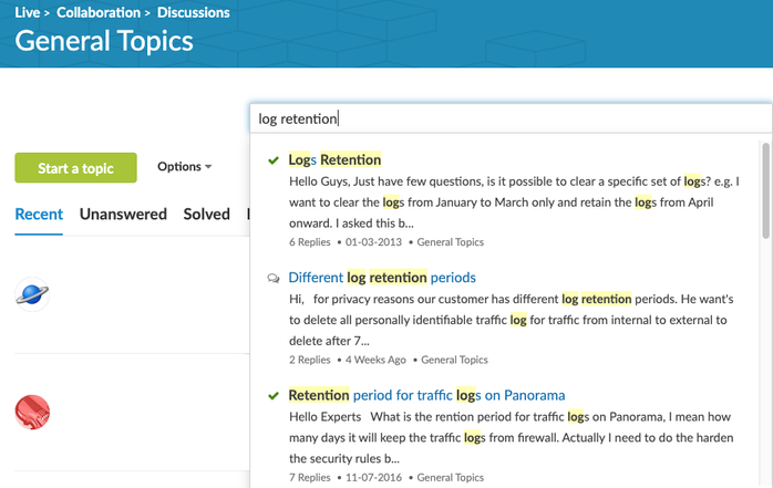 View of suggested search results for log retention in LIVEcommunity.