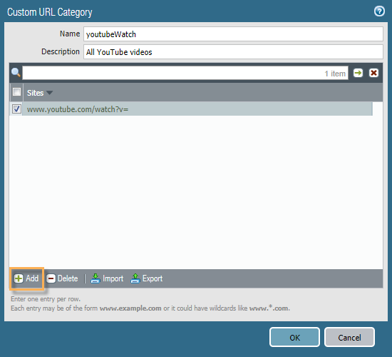 Custom URL Category popup in the firewall interface, showing how to add new category.