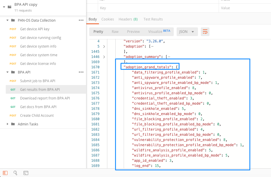 BPA API view with grand totals highlighted.