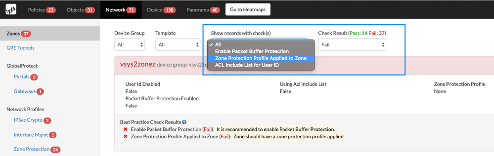 BPA View Network Tab - Zone Protection Profile Applied to Zone