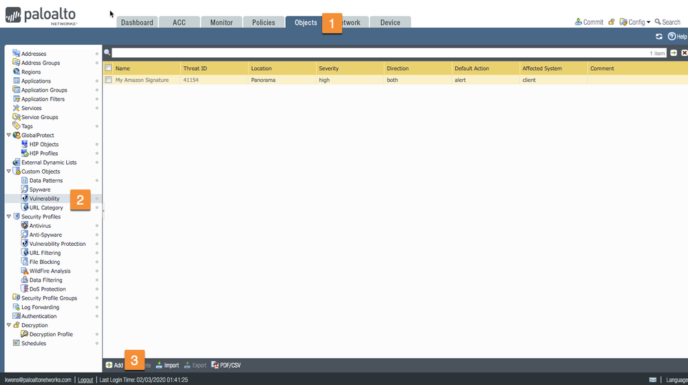 Firewall web interface view of Objects tab to enter Custom Vulnerability Object