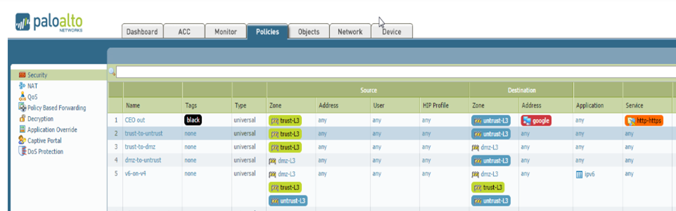 Firewall view of security policies with color coded tags.