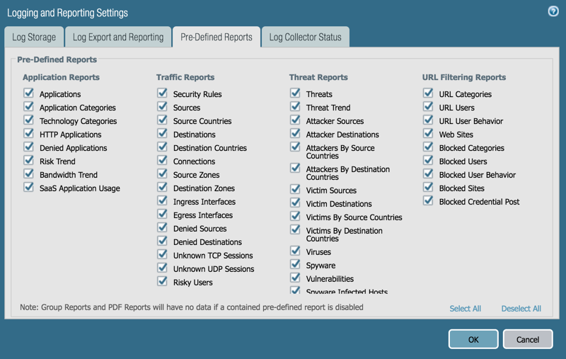 Logging and Reporting Settings Pre-Defined Reports