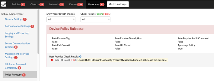 This BPA check indicates that an enabled rule hit count is needed to optimize the rulebase.