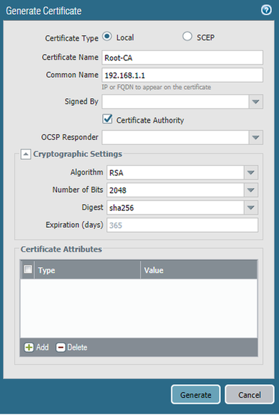 Generate Certificate - Local Certificate Authority