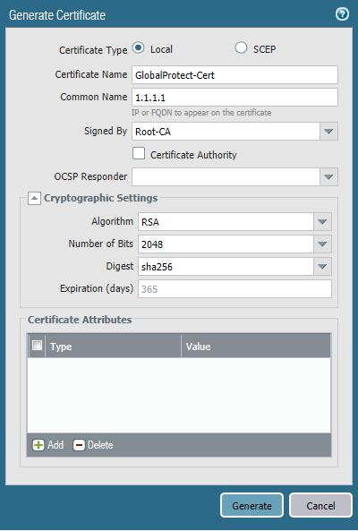 Generate Certificate - Cryptographic Settings
