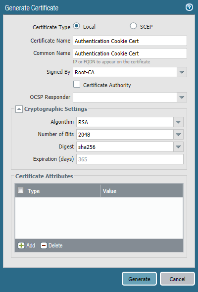 Generate Certificate - Authentication Cookie Certificate Signed by Root CA