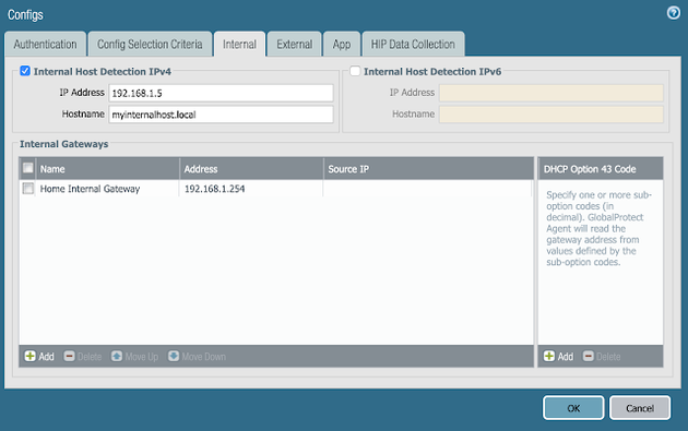 Configs > Internal Tab for Home Internal Gateway