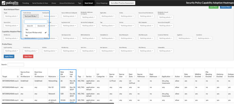 Figure 5 – BPA web interface of Rule Details tab under Rule Attribute Filters to apply "Traffic hit rule" filter.