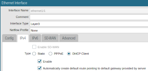 Untrust Ethernet interface configuration. NOTE: interface can be provisioned with either static or DHCP IP addressing.