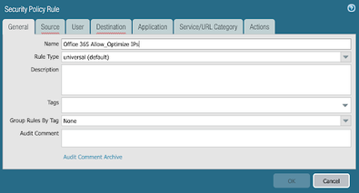 Panorama Add Security Policy Rule Dialog Box - Allow Optimize IP