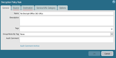 Panorama Add Decryption Policy Dialog Box - General Tab Office 365 URLs