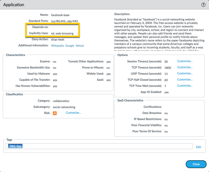 PAN-OS 10.0 Web Interface - facebook-base highlighting Depends On action