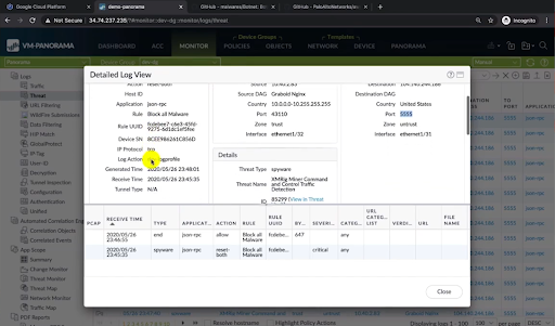 Detailed log view of Panorama policy and CN Series container.png