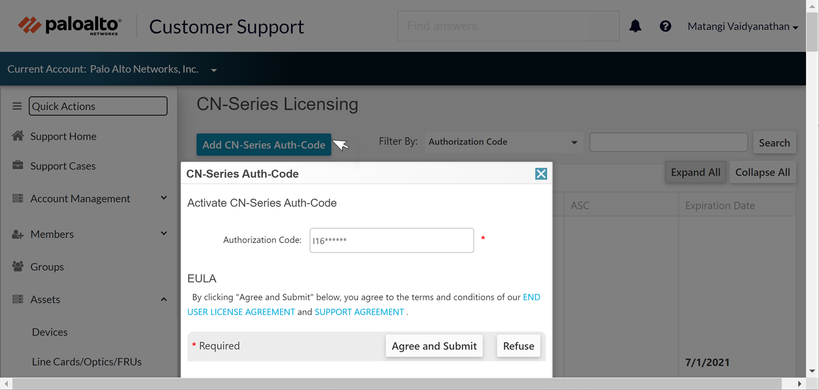 This page displays the list of auth codes registered to your support account.
