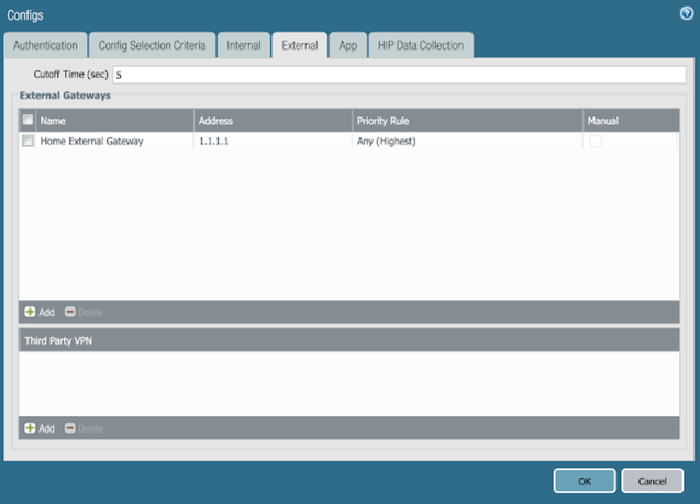 Configs > External Tab for Home External Gateway