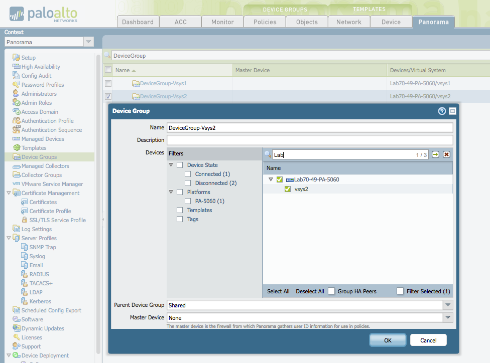 Configuring Device Group Administrator Access for specific Vsys from