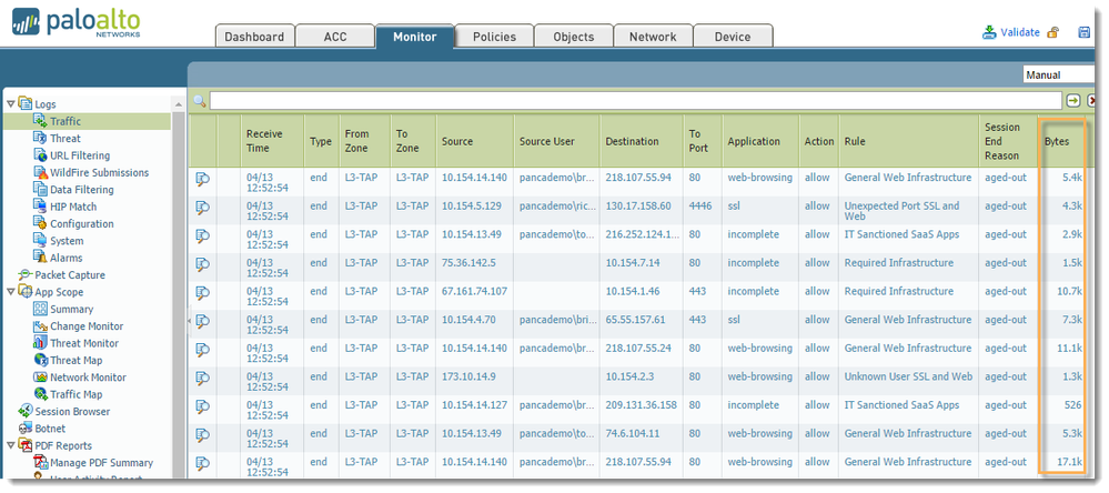 View of the logs, look at the farthest right column with the byte count. Click to make larger.