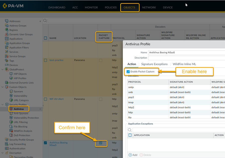 Antivirus Profile page showing the option to enable packet captures