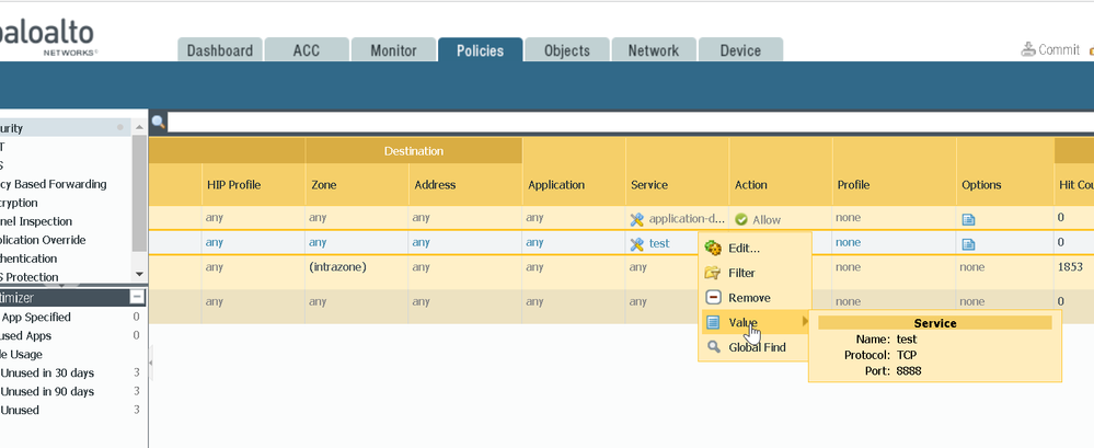 View-Check Value From Local-web gui Security Policy Setion, and check Value of Test Service, and show the tcp/port 8888