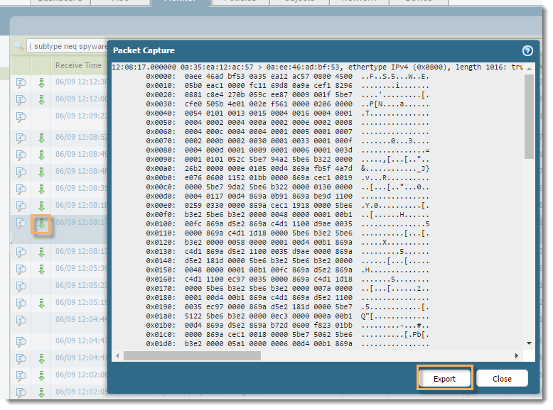 Packet capture detail.  Click Export to save this  packet capture.
