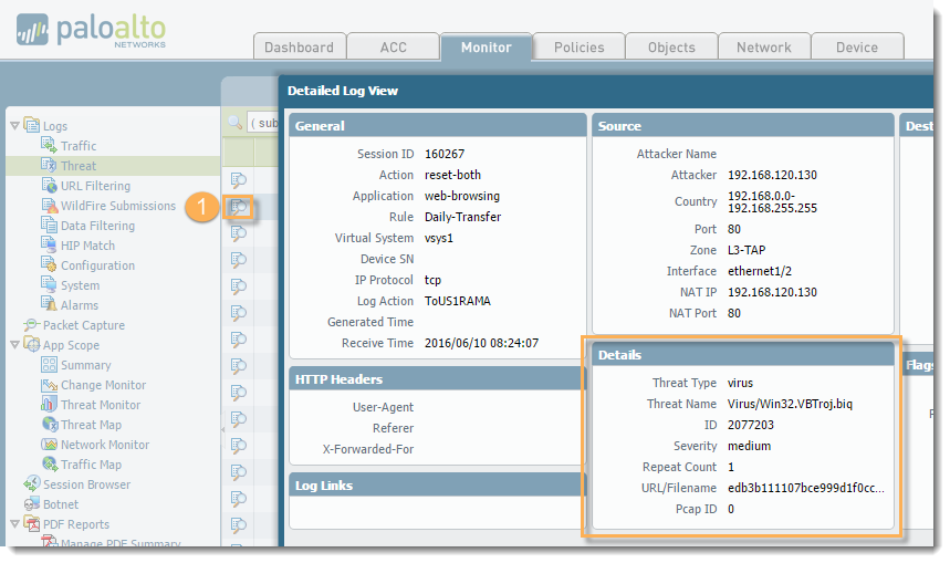 Threat Log - Virus detail. Please record or get a screenshot of this information.