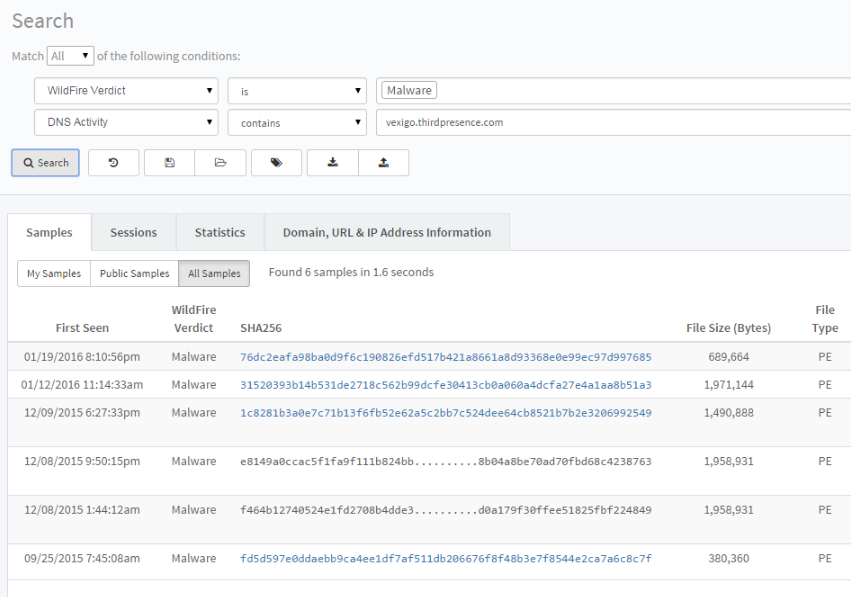 AutoFocus showing a query on a suspicious DNS domain.