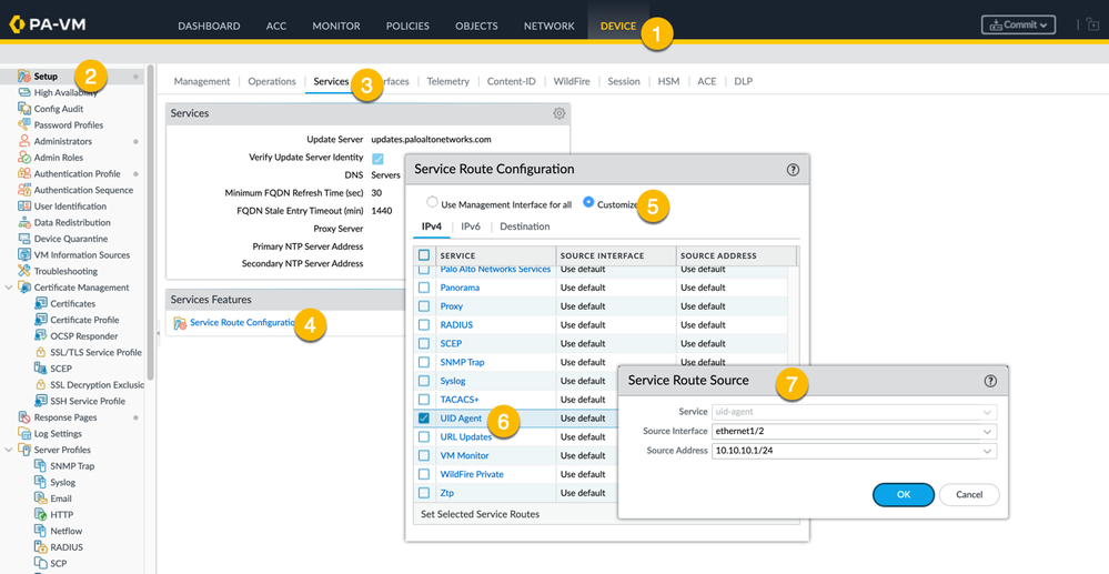 Device > Setup > Services > Service Route Configuration