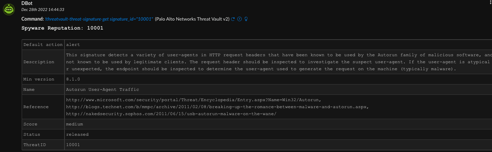 Figure 3: Threat Vault Autorun User-Agent traffic Spyware signature