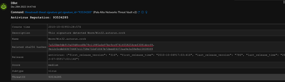 Figure 4: Threat Vault Worm/Win32.autorun.crck Antivirus signature