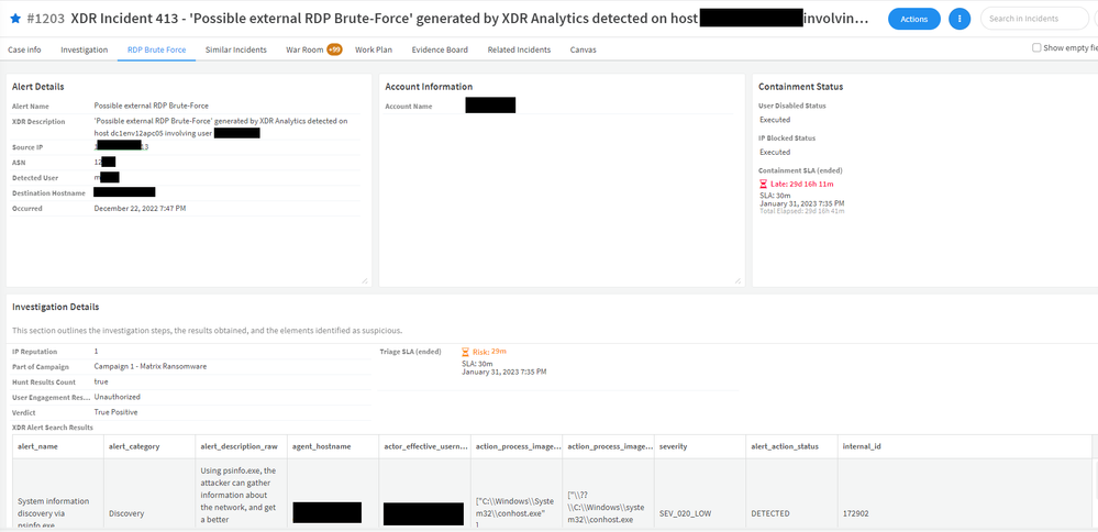 Incident Layout for RDP Brute Force Alert