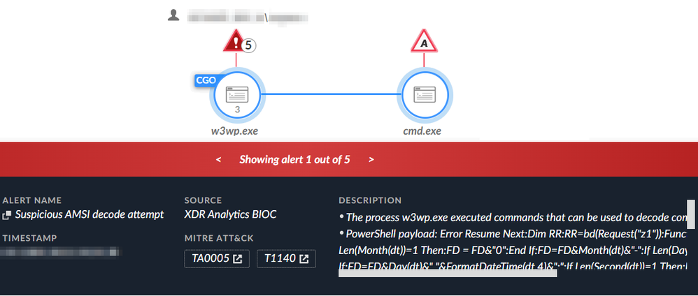 Figure 1. Detection of the Suspicious AMSI decode attempt, as shown in Cortex XDR