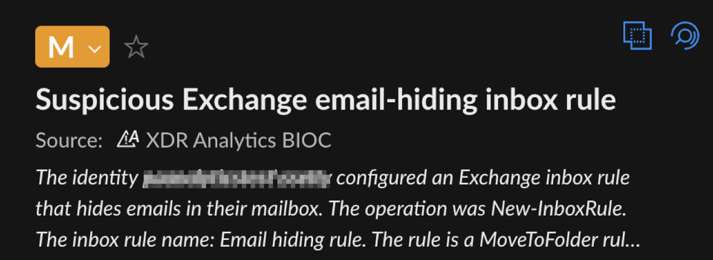 Figure 9. Suspicious Exchange email-hiding inbox rule alert in Cortex XDR.