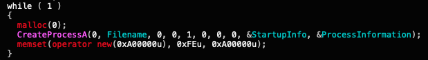 Figure 3. The endless loop code snippet from the fork bomb binary.